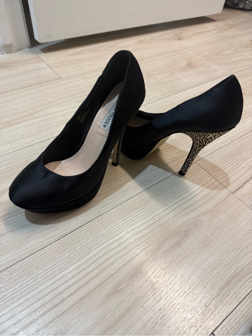 Steve Madden Black Satin Platform Pumps with Rhinestone-Embellished Heel